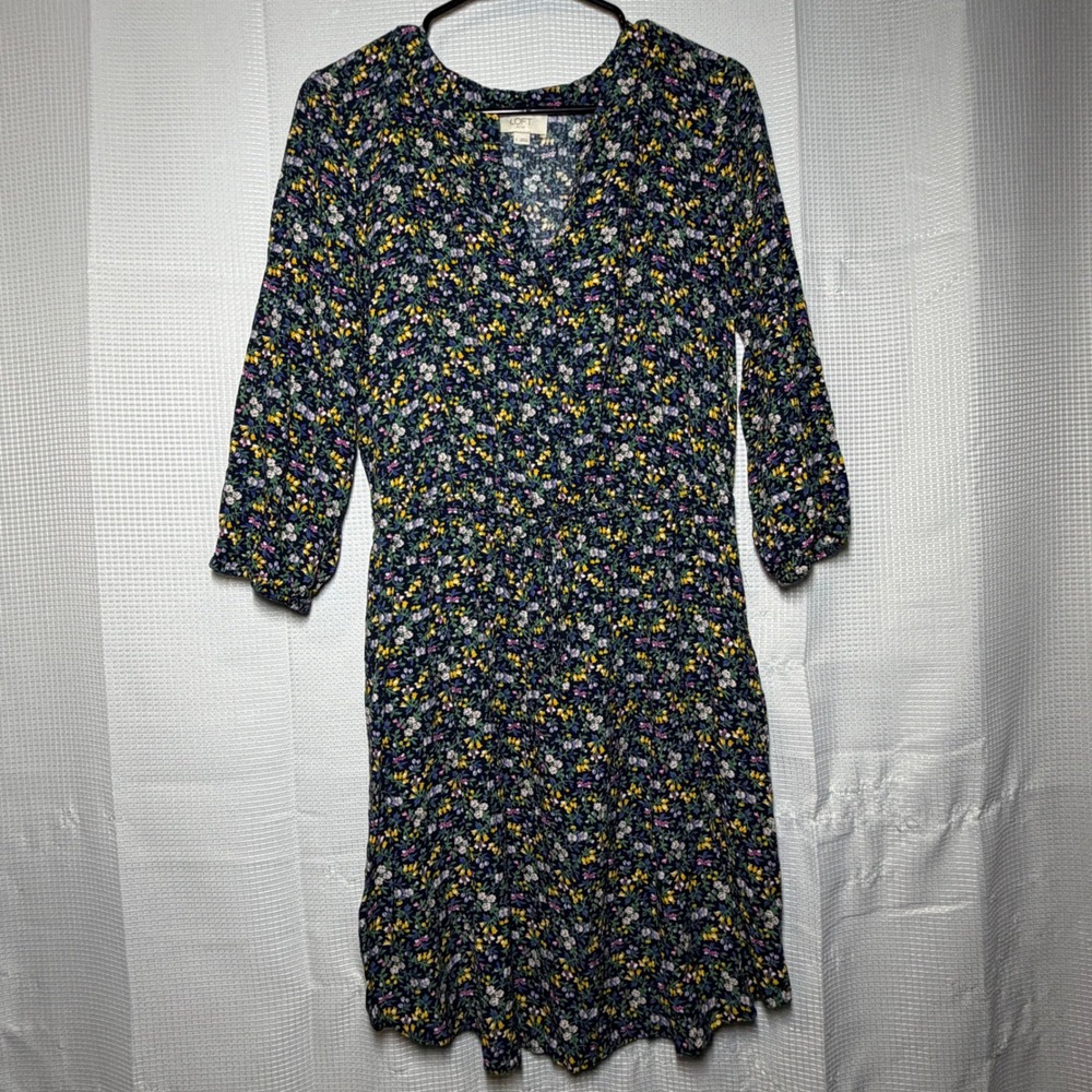 LOFT Outlet Floral Dress L Navy Blue Elastic Waist 3/4 Sleeve